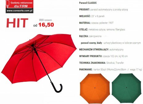parasole do promocji i na prezent. Dobra cena, niezawodność, metalowa sztyca, stelaż z włókna szklanego. Odporne na nagłe podmuchy silnego wiatru.